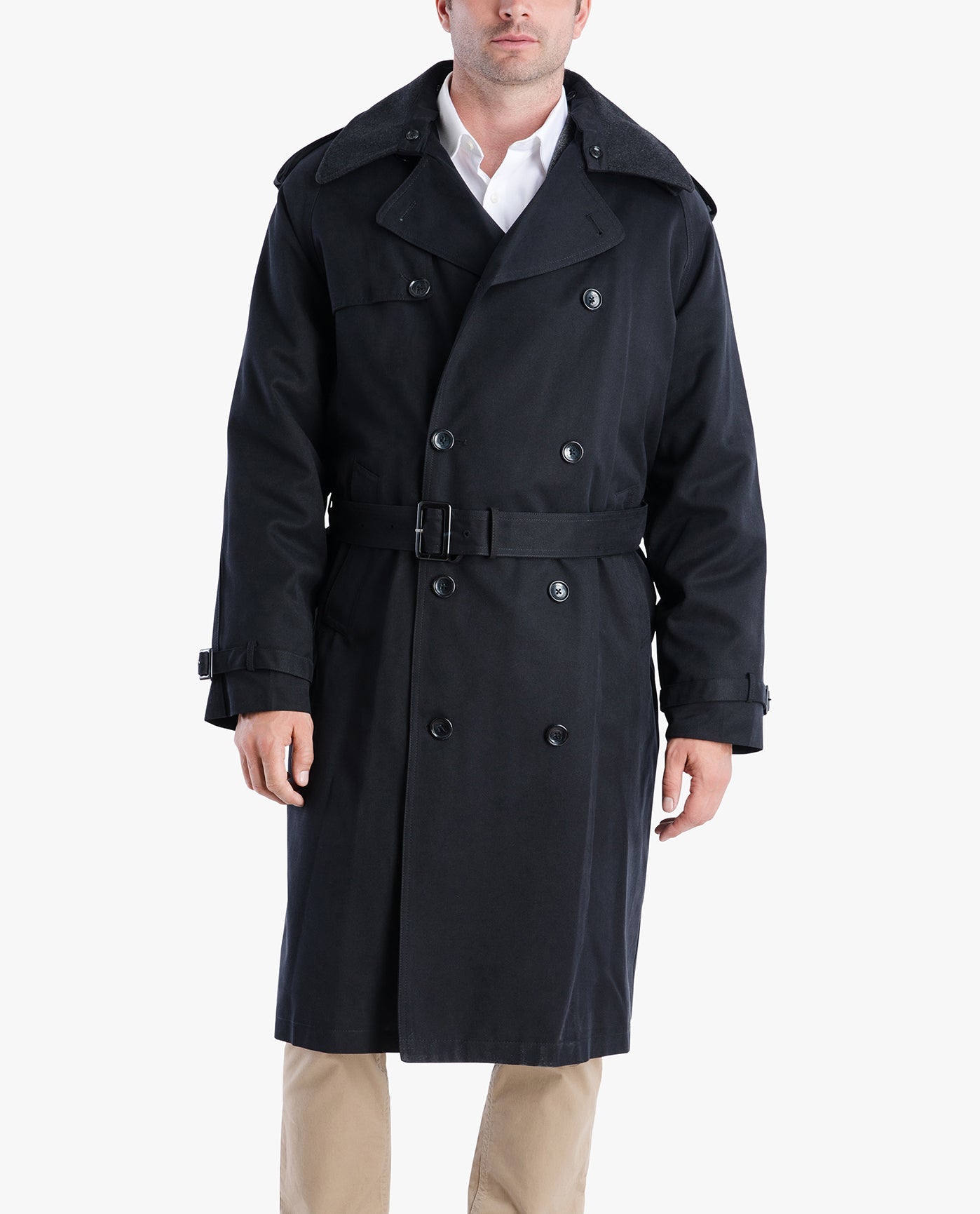 FRONT VIEW OF CLASSIC DOUBLE BREASTED TRENCH COAT | BLACK