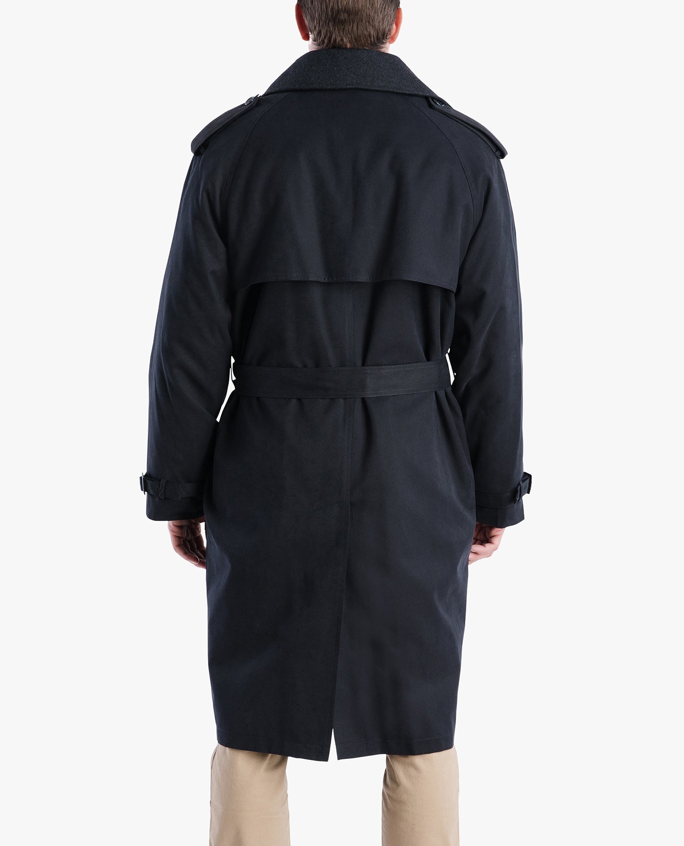 BACK VIEW OF CLASSIC DOUBLE BREASTED TRENCH COAT | BLACK