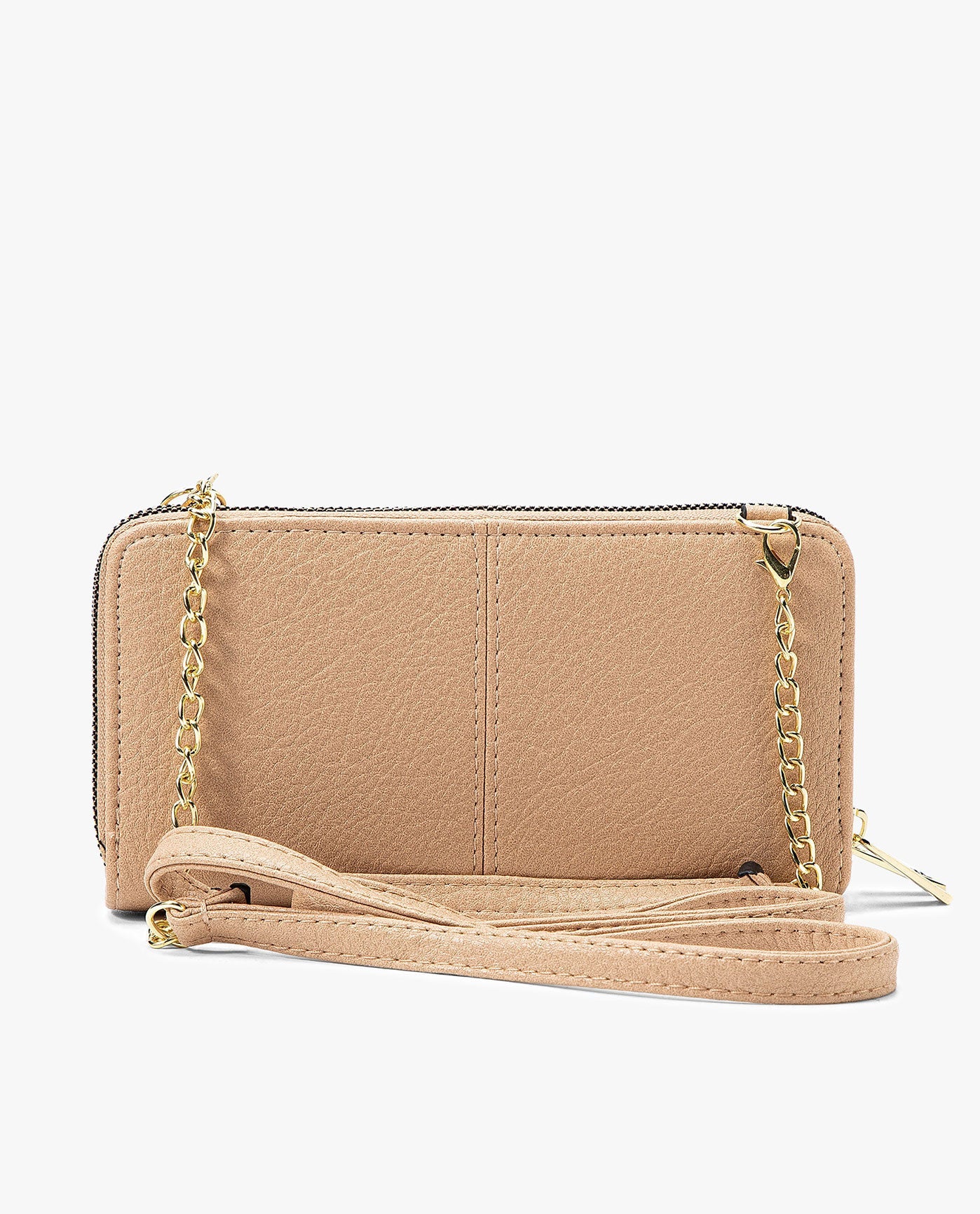 BACK VIEW OF DIANA PEBBLE DOUBLE ZIP CROSSBODY BAG AND WALLET COMBO | LATTE
