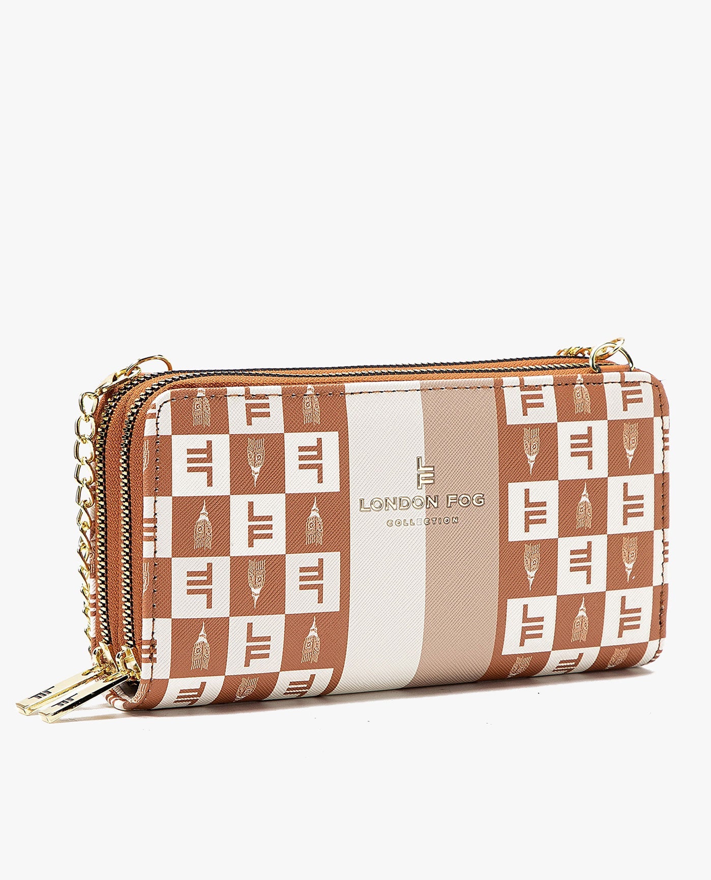 SIDE VIEW OF DIANA SIGNATURE DOUBLE ZIP CROSSBODY BAG AND WALLET COMBO | CAMEL