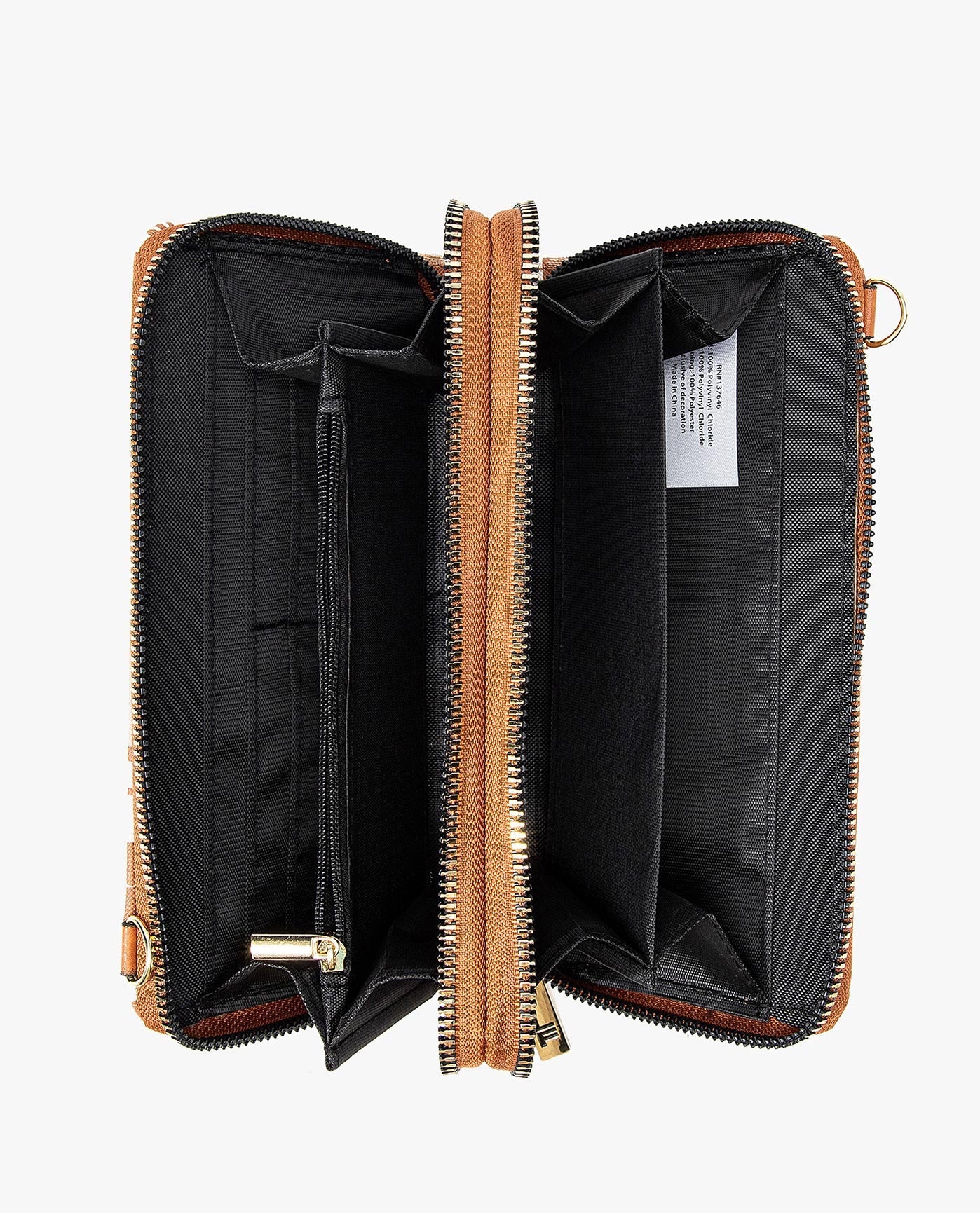 INSIDE OF DIANA SIGNATURE DOUBLE ZIP CROSSBODY BAG AND WALLET COMBO | CAMEL