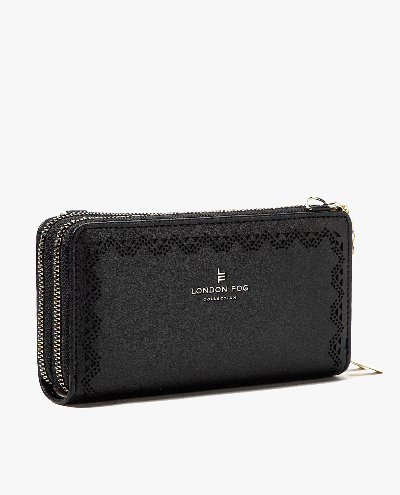 SIDE VIEW OF DIANA LASER CUT DOUBLE ZIP CROSSBODY BAG AND WALLET COMBO | BLACK