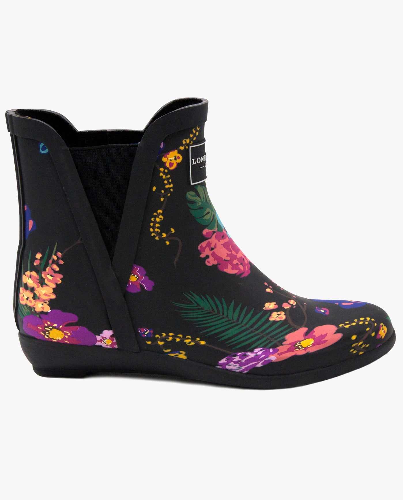 SIDE VIEW  OF WOMENS PICCADILLY ANKLE RAINBOOT | ESO_BLACK MULTI FLORAL_903