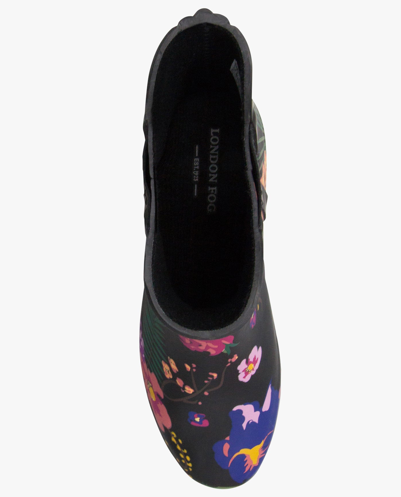 TOP VIEW  OF WOMENS PICCADILLY ANKLE RAINBOOT | ESO_BLACK MULTI FLORAL_903