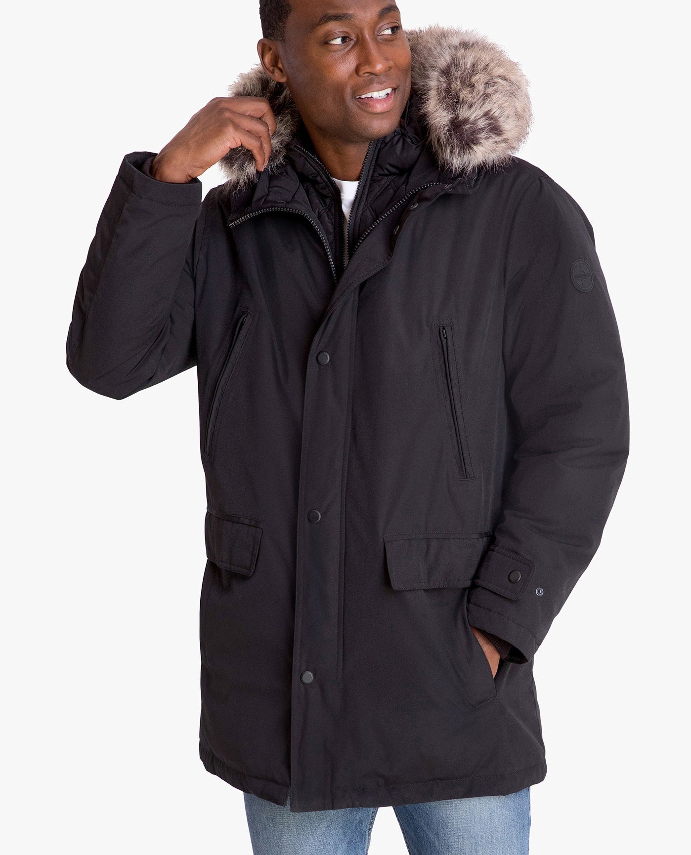 FRONT VIEW OF ARTIC PARKA WITH REMOVABLE FAUX FUR TRIMMED HOOD | BLACK