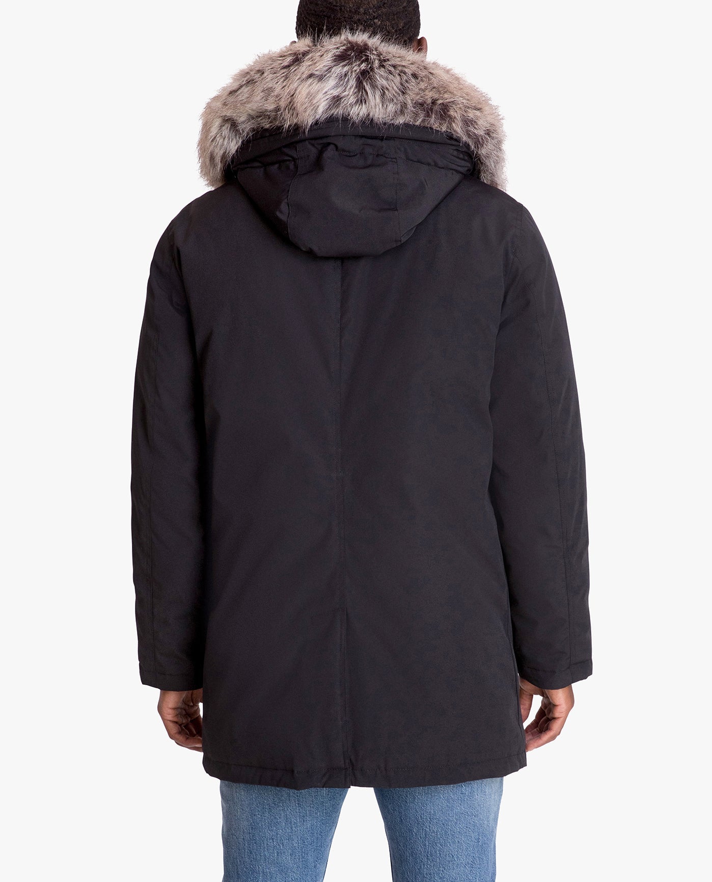 BACK VIEW OF ARTIC PARKA WITH REMOVABLE FAUX FUR TRIMMED HOOD | BLACK