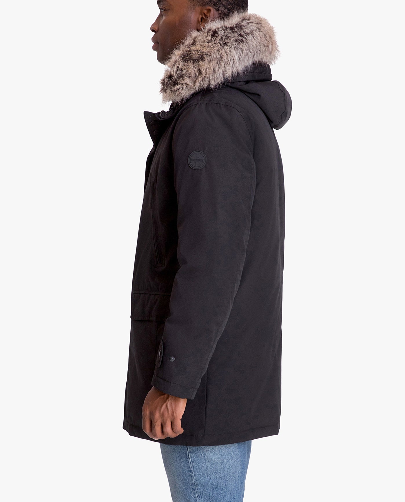 SIDE VIEW OF ARTIC PARKA WITH REMOVABLE FAUX FUR TRIMMED HOOD | BLACK