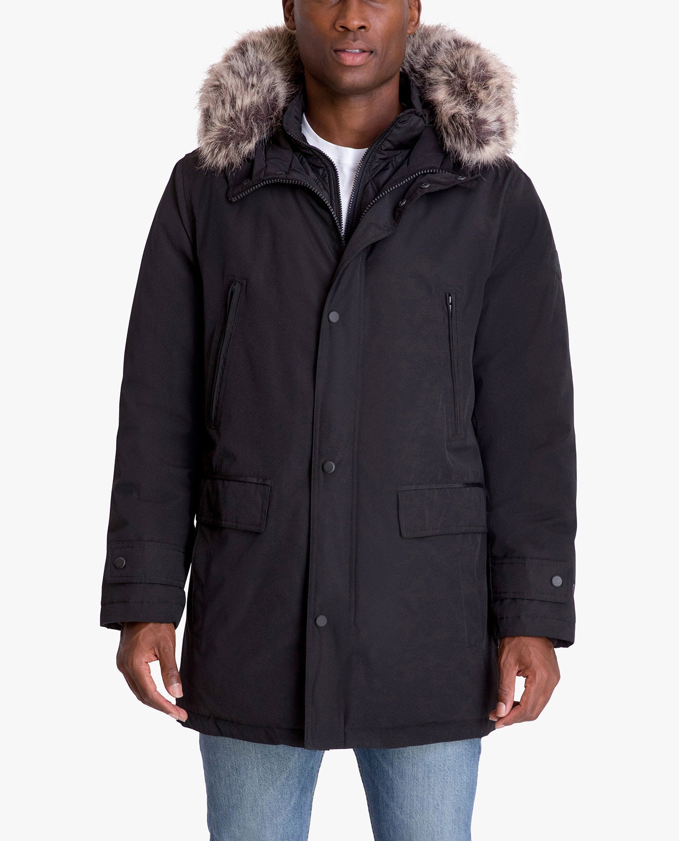 DETAIL VIEW OF ARTIC PARKA WITH REMOVABLE FAUX FUR TRIMMED HOOD | BLACK
