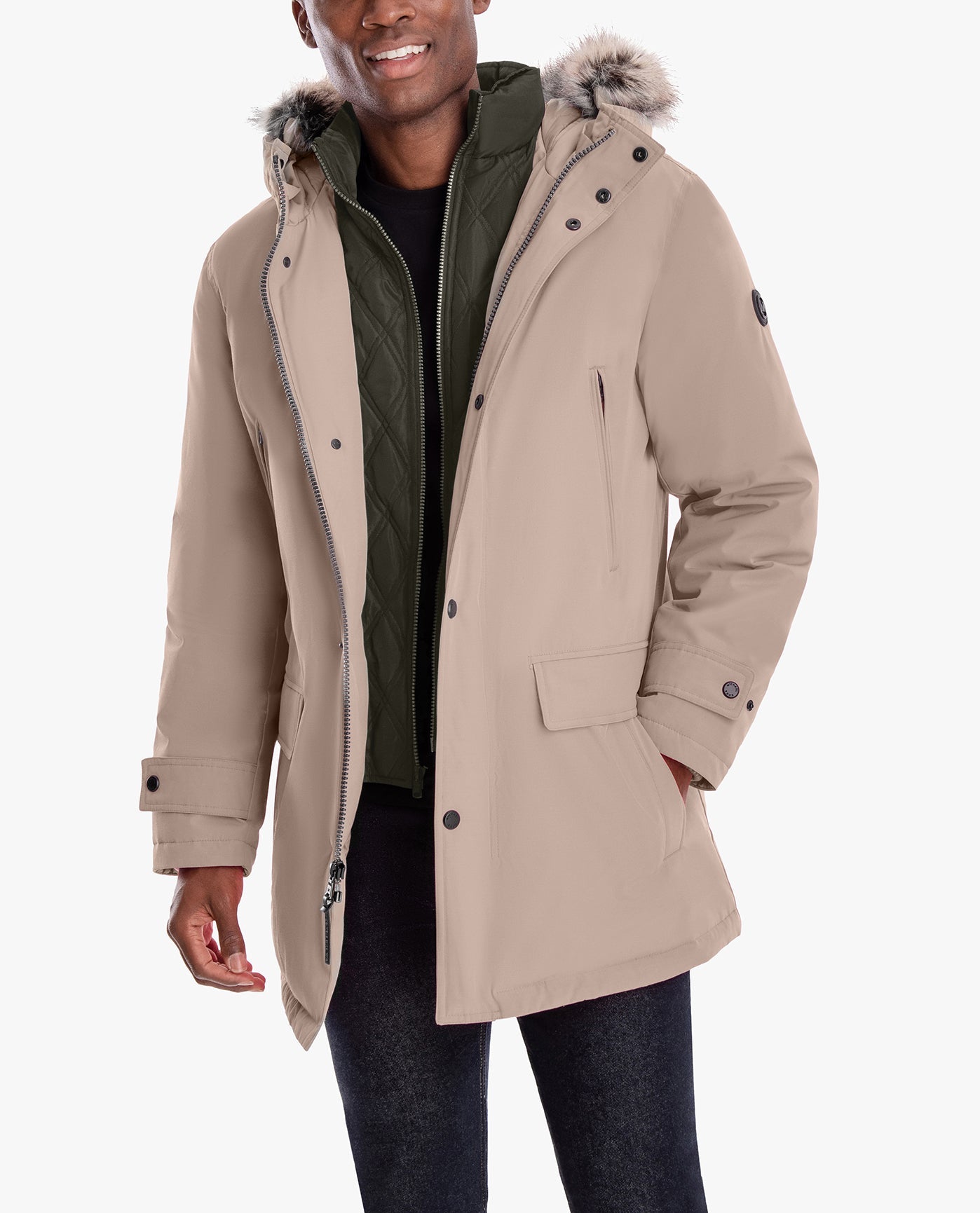 FRONT VIEW OF ARTIC PARKA WITH REMOVABLE FAUX FUR TRIMMED HOOD | LF TAUPE