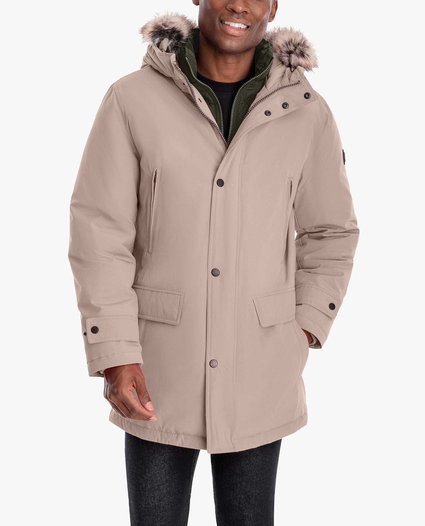 BACK VIEW OF ARTIC PARKA WITH REMOVABLE FAUX FUR TRIMMED HOOD | LF TAUPE