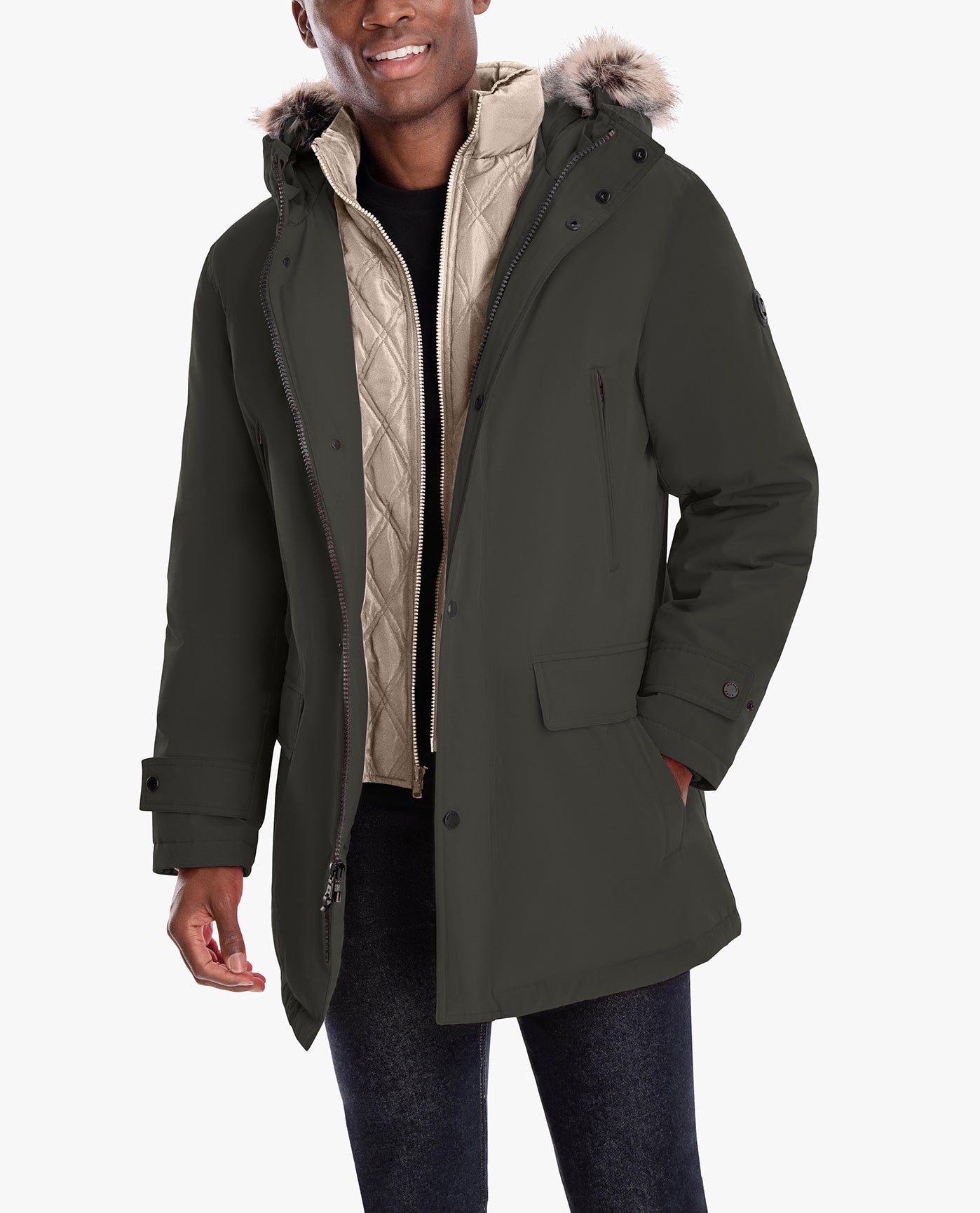 FRONT VIEW OF ARTIC PARKA WITH REMOVABLE FAUX FUR TRIMMED HOOD | DARK OLIVE