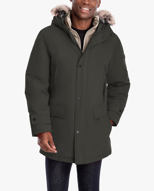 BACK VIEW OF ARTIC PARKA WITH REMOVABLE FAUX FUR TRIMMED HOOD | DARK OLIVE