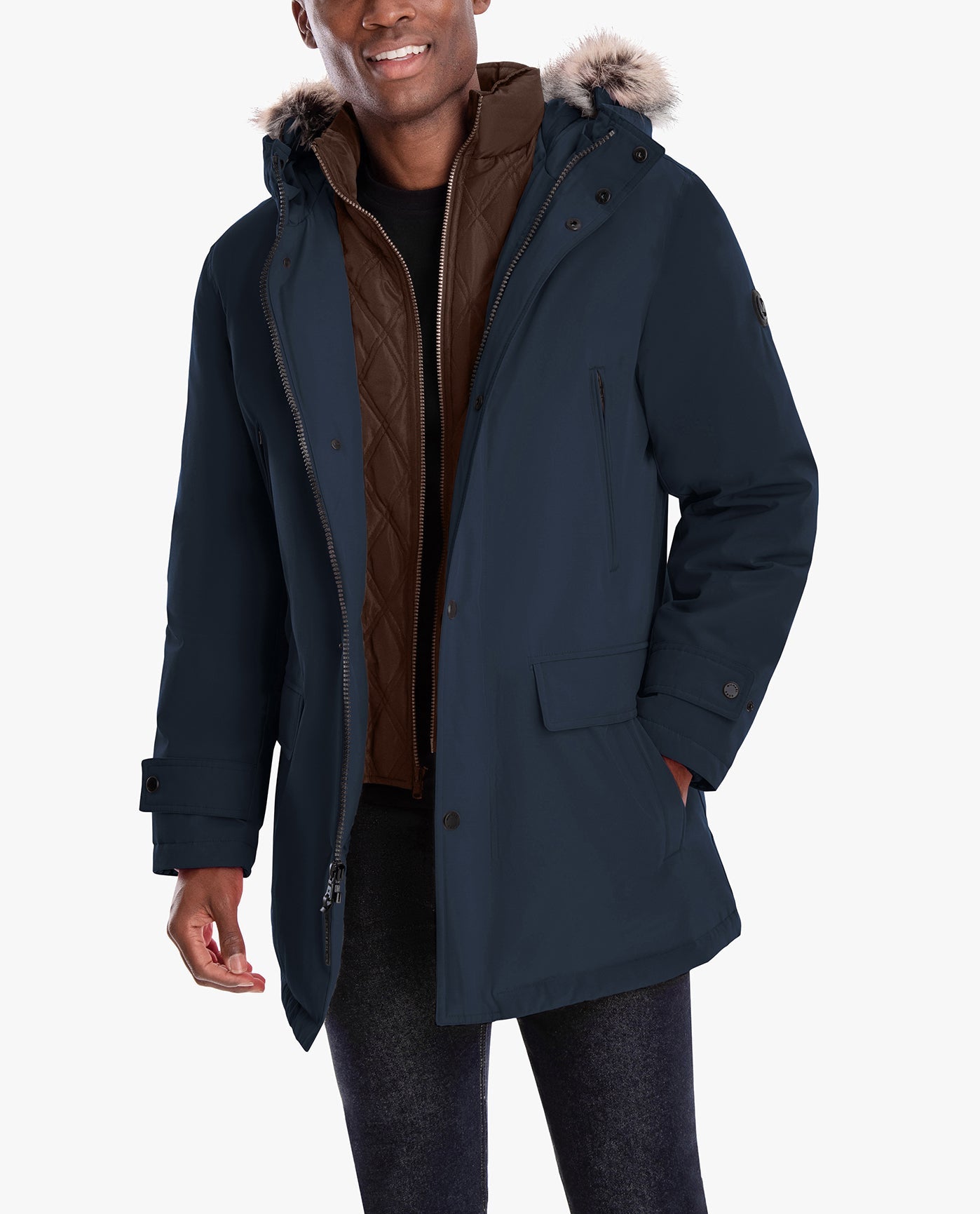 FRONT VIEW OF ARTIC PARKA WITH REMOVABLE FAUX FUR TRIMMED HOOD | MIDNIGHT BLUE