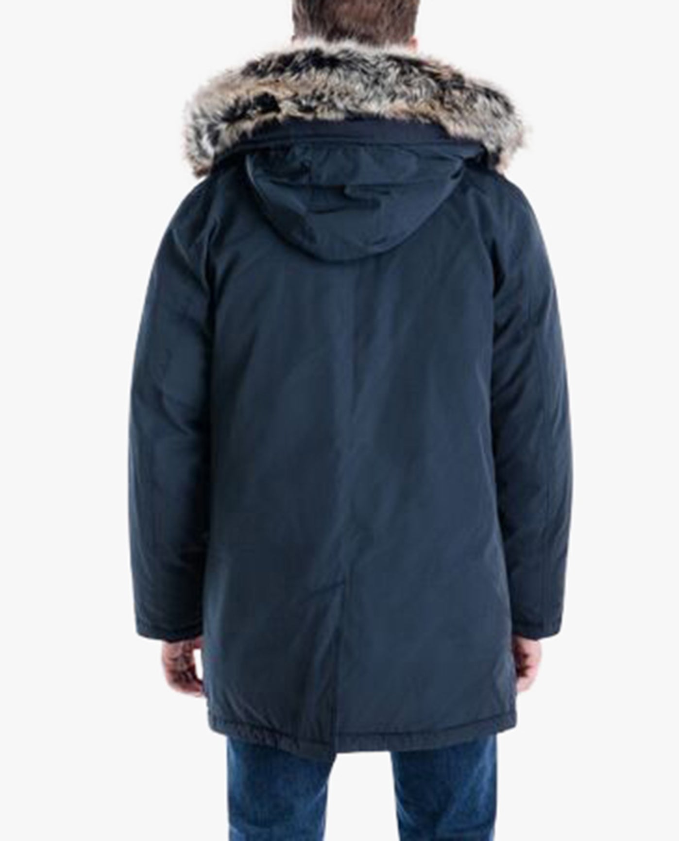 BACK VIEW OF ARTIC PARKA WITH REMOVABLE FAUX FUR TRIMMED HOOD | MIDNIGHT BLUE