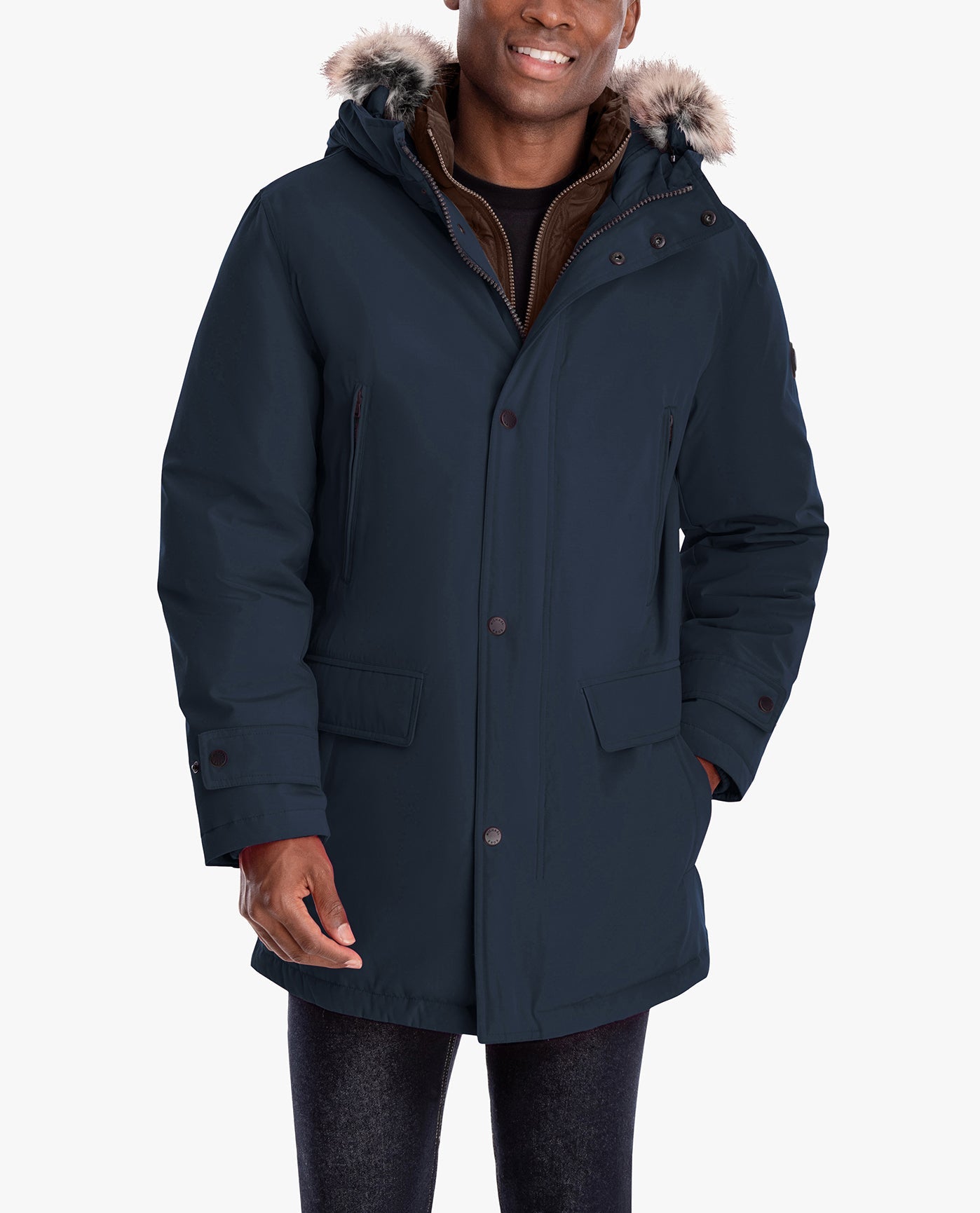 SIDE VIEW OF ARTIC PARKA WITH REMOVABLE FAUX FUR TRIMMED HOOD | MIDNIGHT BLUE