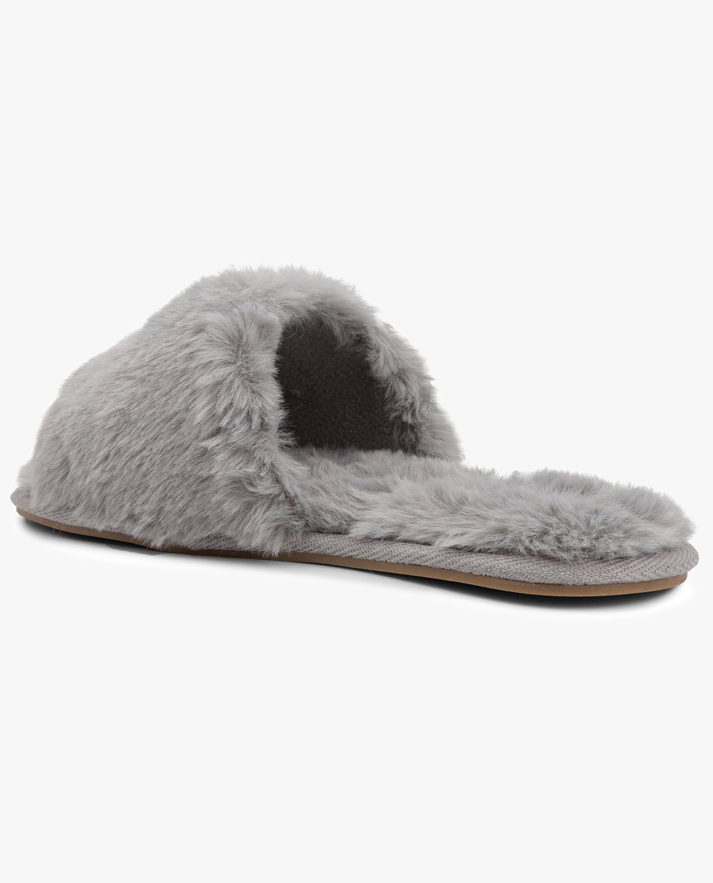 SIDE BACK VIEW  OF WOMENS LILLY OPEN TOE FAUX FUR SLIPPER | ESO_GREY_020