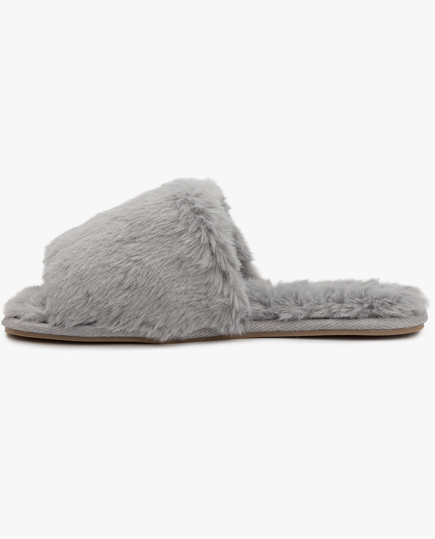 SIDE VIEW  OF WOMENS LILLY OPEN TOE FAUX FUR SLIPPER | ESO_GREY_020